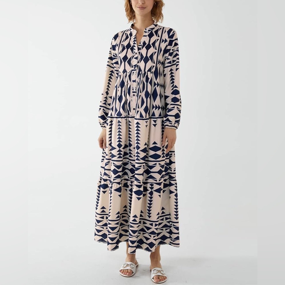 Navy and Cream Geometric Maxi Dress